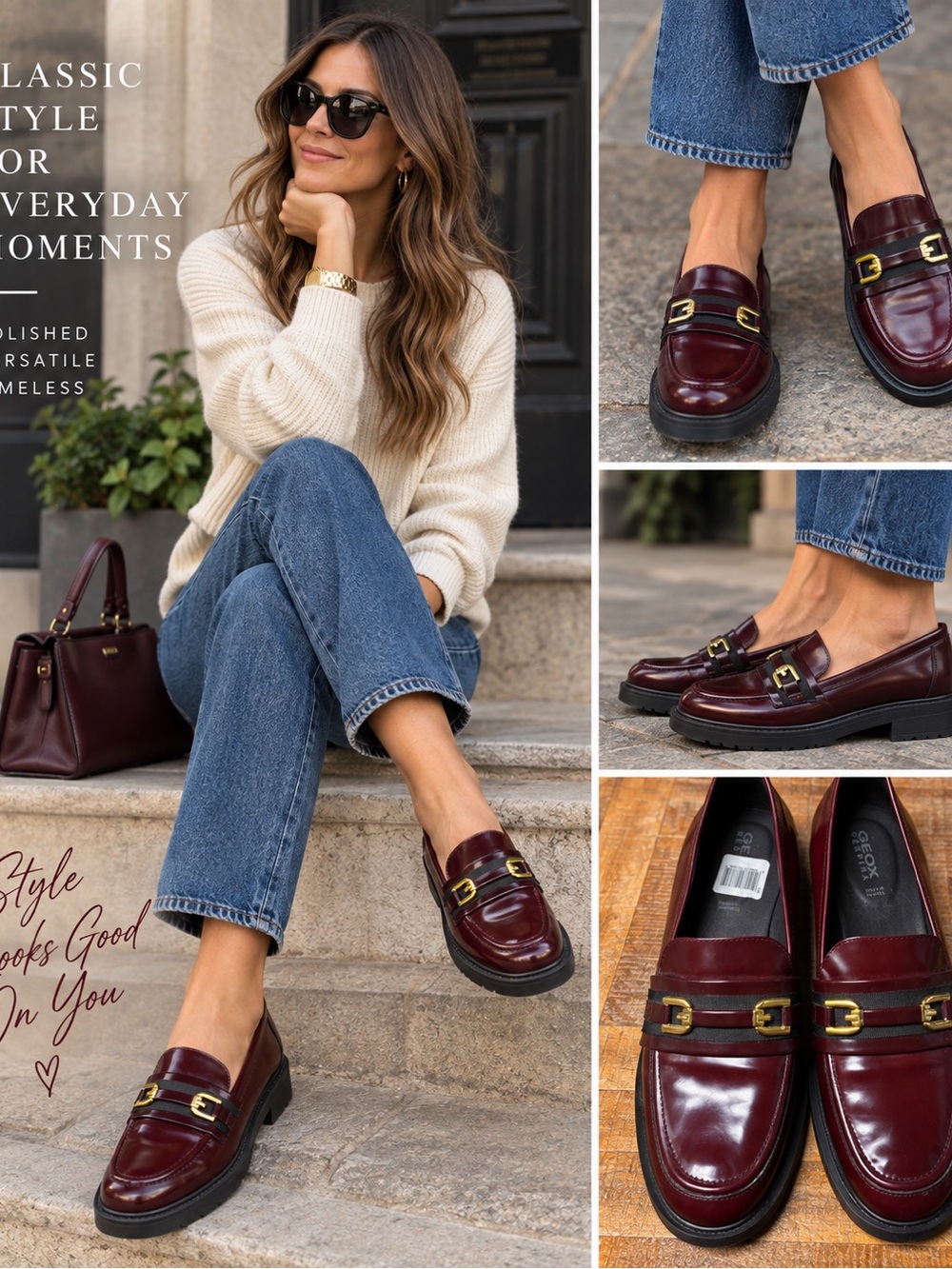 Geox Women's Burgundy Leather Loafers with Gold Buckle Detail